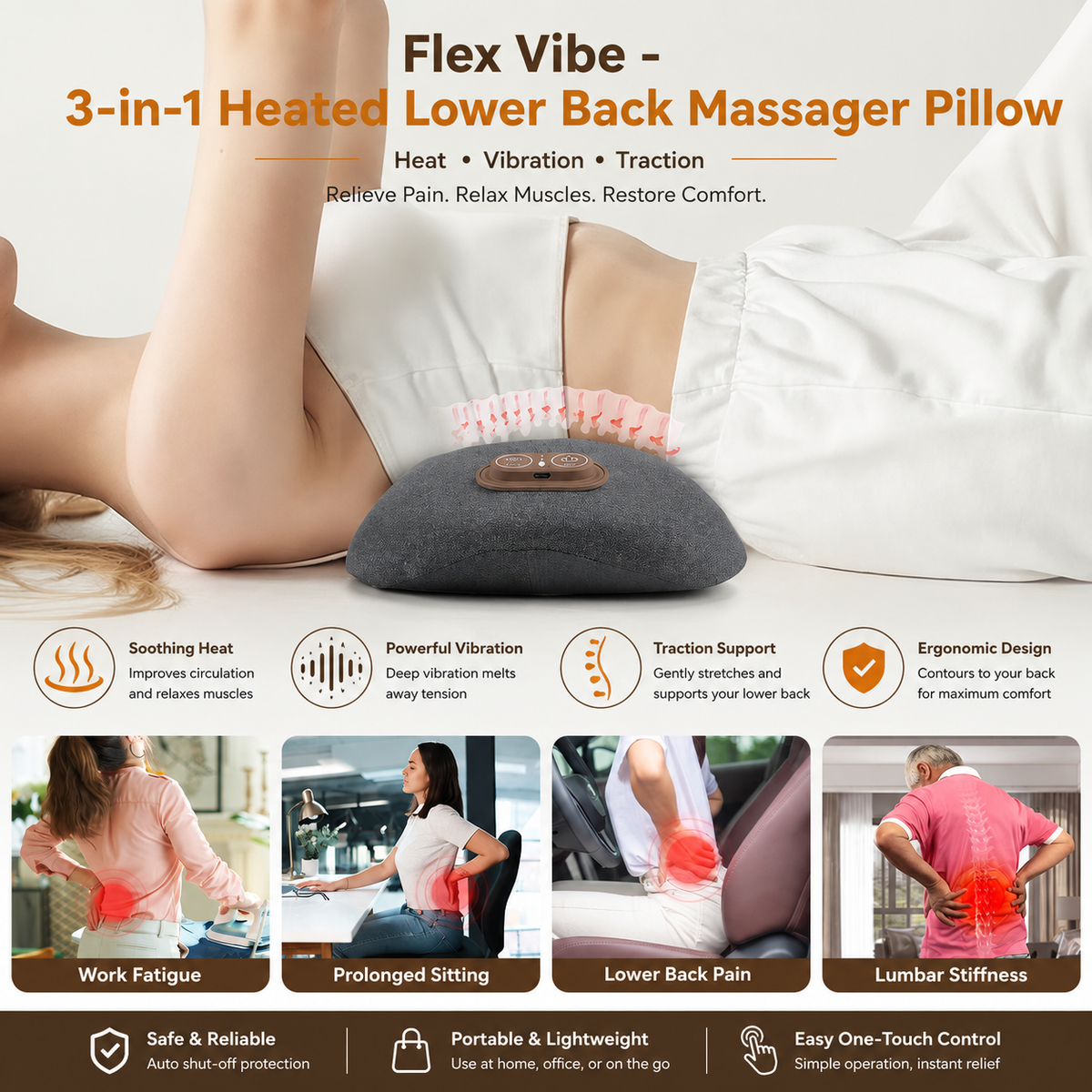 Flex Vibe - 3-in-1 Heated Lower Back Massager Pillow