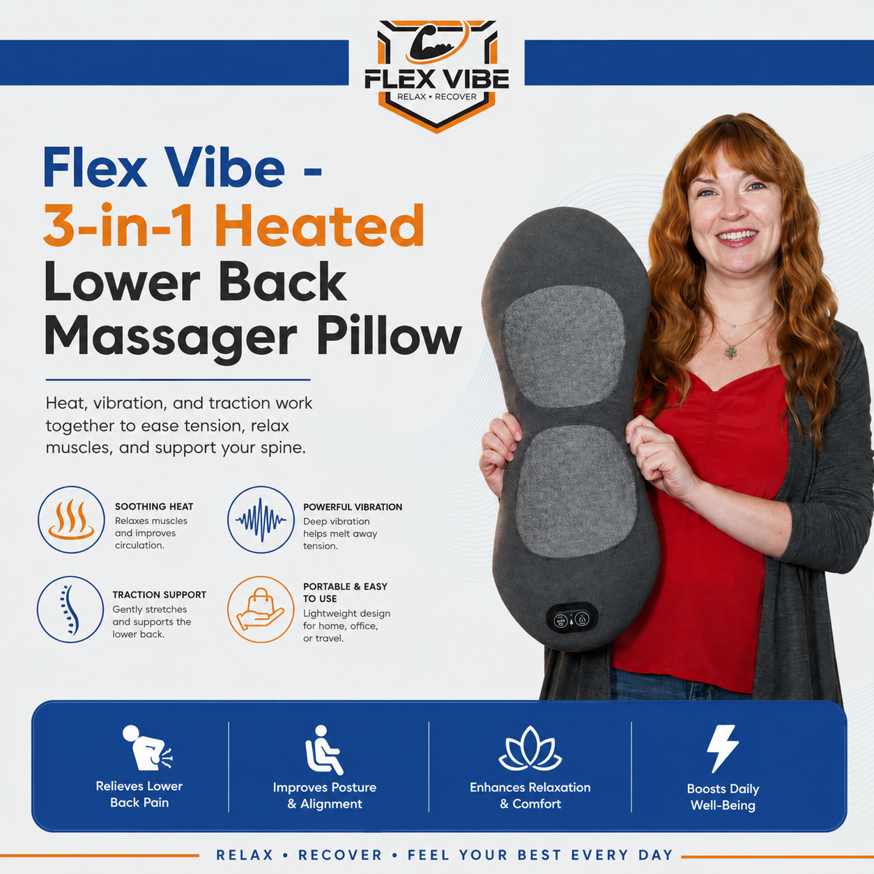 Flex Vibe - 3-in-1 Heated Lower Back Massager Pillow